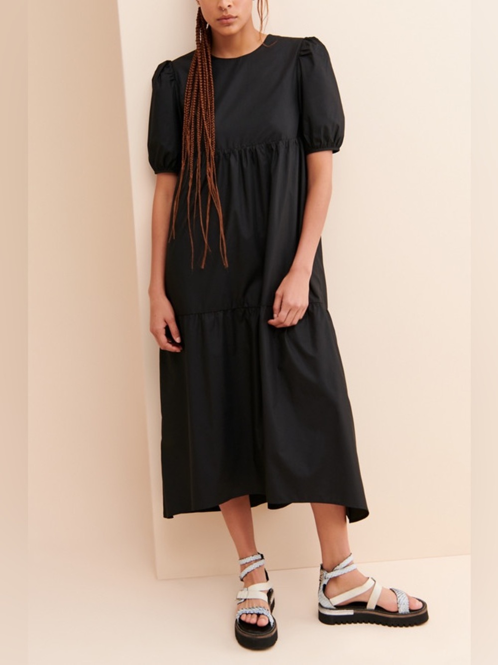En Saison Poplin Midi Dress Black Puff Sleeve Size Medium - Picture 3 of 15